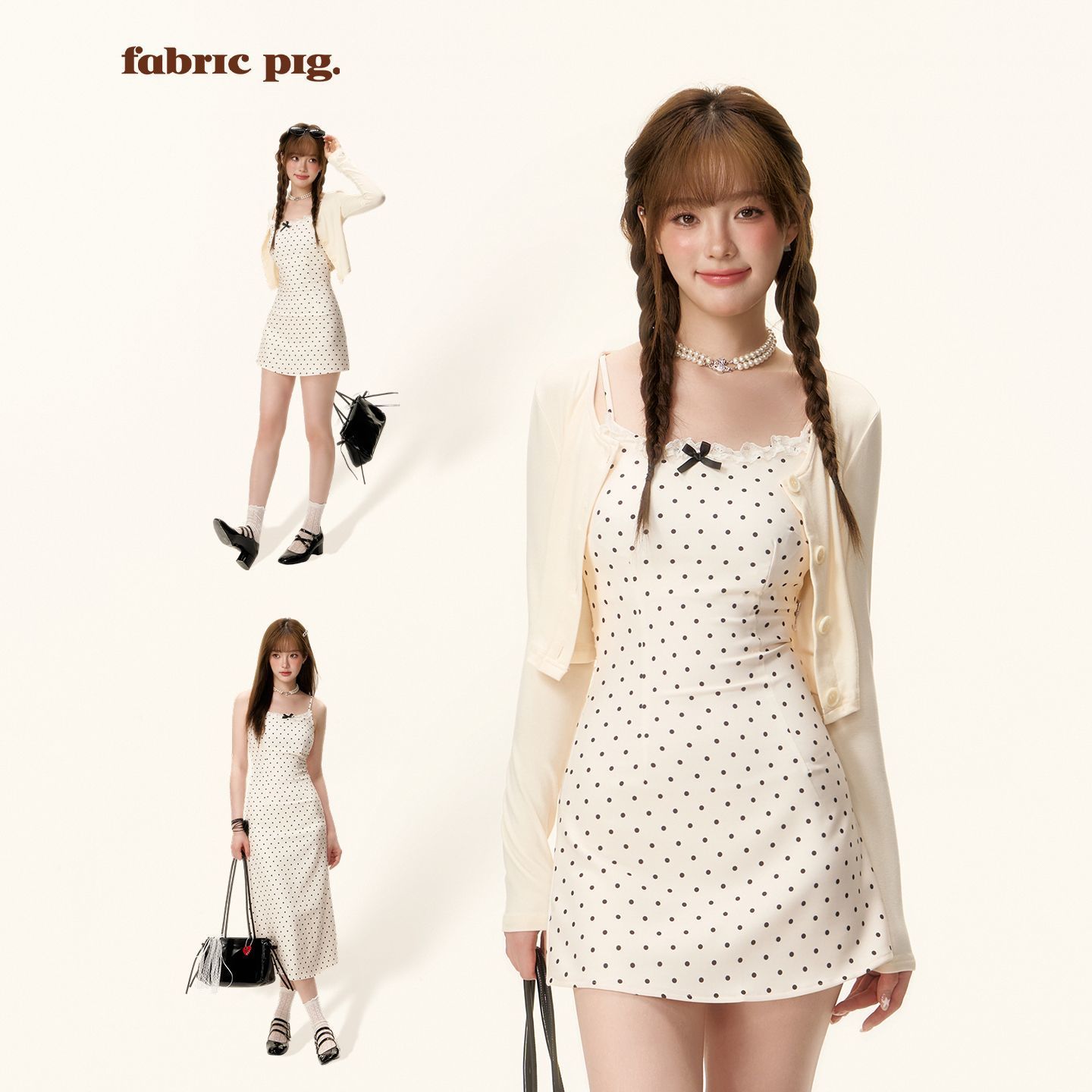 fabricpig 보보 밀크 티 한국 스타일 도트 무늬 슬립 여성 드레스 열린 봄 여행 착용 가져 가라. 작은 짧은 치마