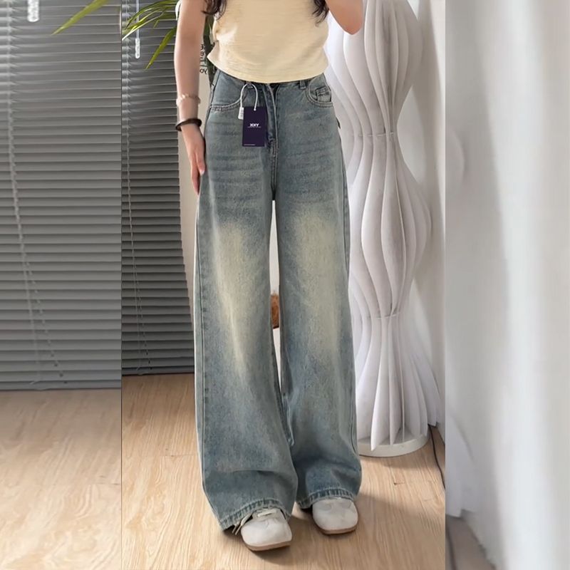 浅蓝色大码直筒牛仔裤女2026春夏季新款爆款高腰宽松阔腿休闲裤子