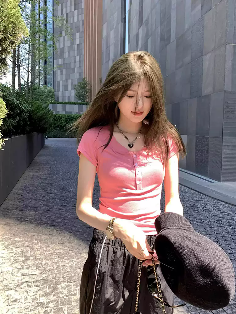 RY2389# 纯棉韩版简约学院风设计感排扣纯色短袖T恤女夏纯欲修身辣妹上衣