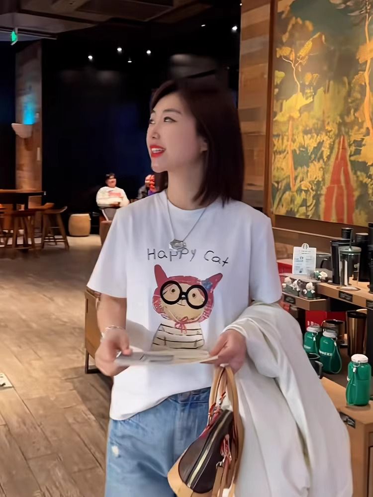 RY2383# 纯棉夏季韩版正肩短袖T恤女辣妹印花