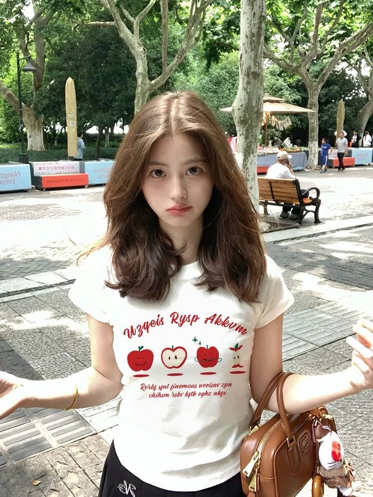 순면 40 220 그램 92 면 8 암모니아 Lun 한국 스타일 새로운 긍정적 인 어깨 반팔 티셔츠 여성 프린트 핫걸 맨위