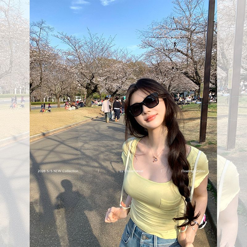 cloudsweet 흰 구름 달콤한 다용도 광장 칼라 몸매 가꾸기 반팔 티셔츠 여성 여름 캐주얼 일상 황색 쇼트 스타일 맨위