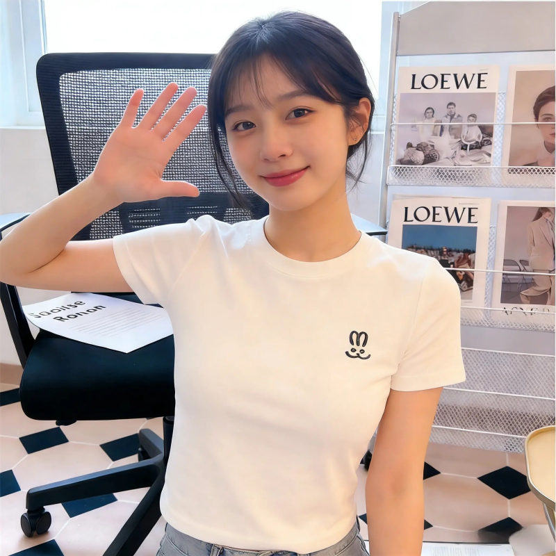 순면 40 220 그램 92 면 8 암모니아 Lun 한국 스타일 새로운 긍정적 인 어깨 반팔 티셔츠 여성 프린트 핫걸 맨위
