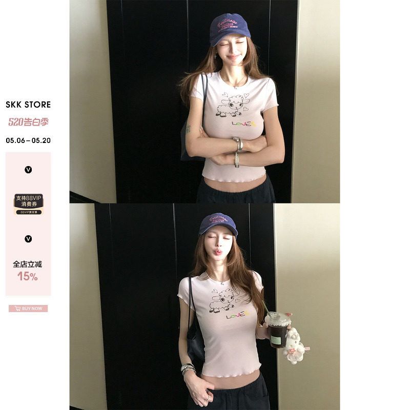 sk1ms 부활절 t 신선함 밝은 봄 여름 색상 순수한 욕망 느긋한 어린 양 프린트 하트 어두운 꽃 레이스 티셔츠
