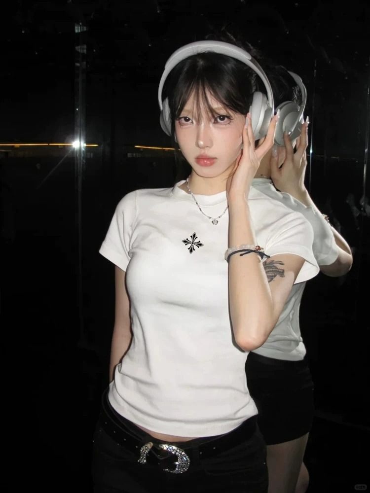순면 40 220 그램 92 면 8 암모니아 Lun 한국 스타일 새로운 긍정적 인 어깨 반팔 티셔츠 여성 프린트 핫걸 맨위