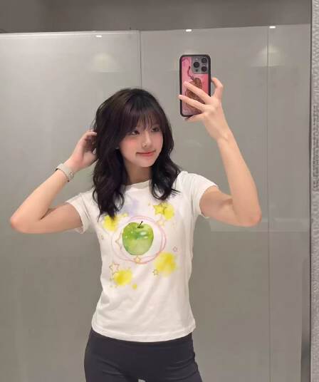 순면 40 220 그램 92 면 8 암모니아 Lun 한국 스타일 새로운 긍정적 인 어깨 반팔 티셔츠 여성 프린트 핫걸 맨위