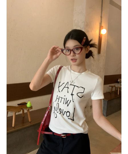 순면 40 220 그램 92 면 8 암모니아 Lun 한국 스타일 새로운 긍정적 인 어깨 반팔 티셔츠 여성 프린트 핫걸 맨위