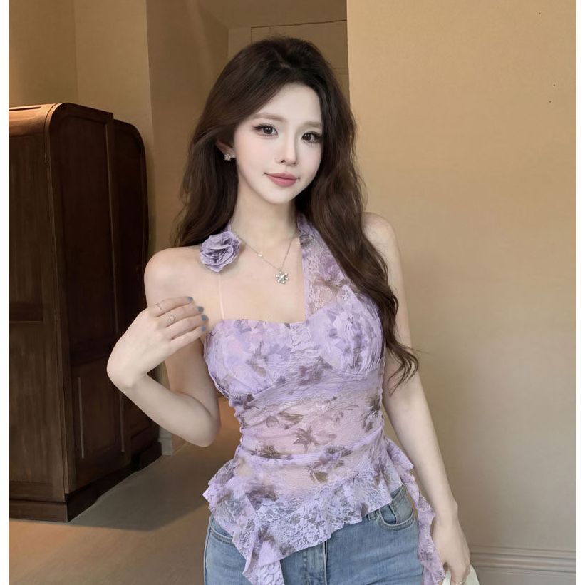 불규칙 3 차원 꽃 백리스 행침 목 조끼 여성 여름 민소매 외출용 핫걸 섹시함 몸매 가꾸기 보라색 맨위