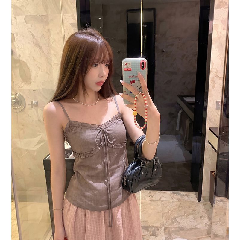 아마 주간 실크 순수한 욕망 바람 핫걸 프릴 레이스업 조끼 슬립 여성 의류 여름 Chic 연령 감소 슬림해 보이는 맨위