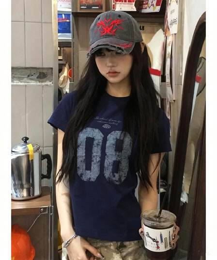 순면 40 220 그램 92 면 8 암모니아 Lun 한국 스타일 새로운 긍정적 인 어깨 반팔 티셔츠 여성 프린트 핫걸 맨위
