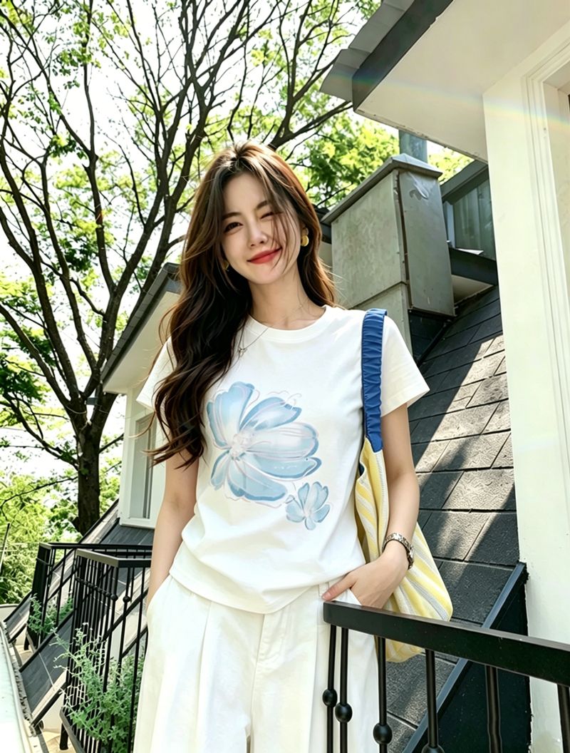 순면 40 220 그램 92 면 8 암모니아 Lun 한국 스타일 새로운 긍정적 인 어깨 반팔 티셔츠 여성 프린트 핫걸 맨위