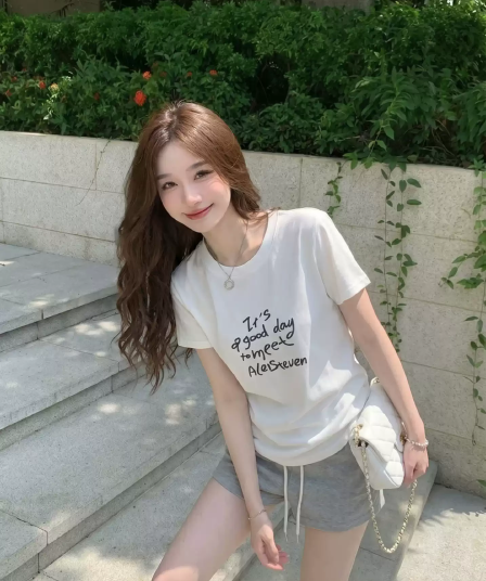 순면 40 220 그램 92 면 8 암모니아 Lun 한국 스타일 새로운 긍정적 인 어깨 반팔 티셔츠 여성 프린트 핫걸 맨위