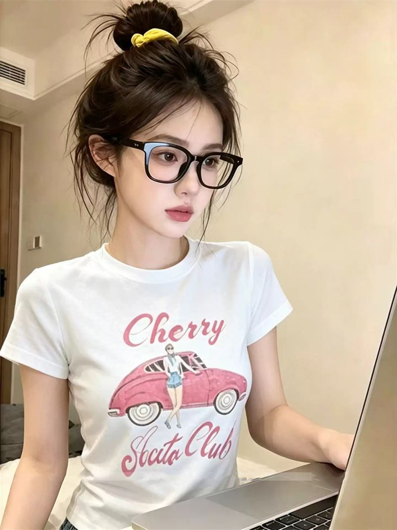 순면 40 220 그램 92 면 8 암모니아 Lun 한국 스타일 새로운 긍정적 인 어깨 반팔 티셔츠 여성 프린트 몸매 가꾸기 핫걸 맨위