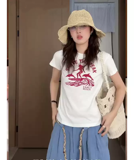 순면 40 220 그램 92 면 8 암모니아 Lun 한국 스타일 새로운 긍정적 인 어깨 반팔 티셔츠 여성 프린트 몸매 가꾸기 핫걸 맨위