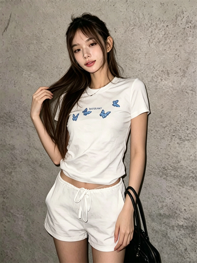 순면 40 220 그램 92 면 8 암모니아 Lun 한국 스타일 새로운 긍정적 인 어깨 반팔 티셔츠 여성 프린트 몸매 가꾸기 핫걸 맨위