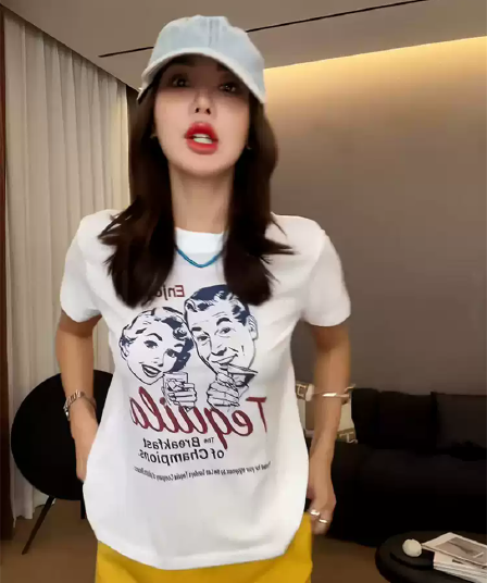 순면 40 220 그램 92 면 8 암모니아 Lun 한국 스타일 새로운 긍정적 인 어깨 반팔 티셔츠 여성 프린트 몸매 가꾸기 핫걸 맨위