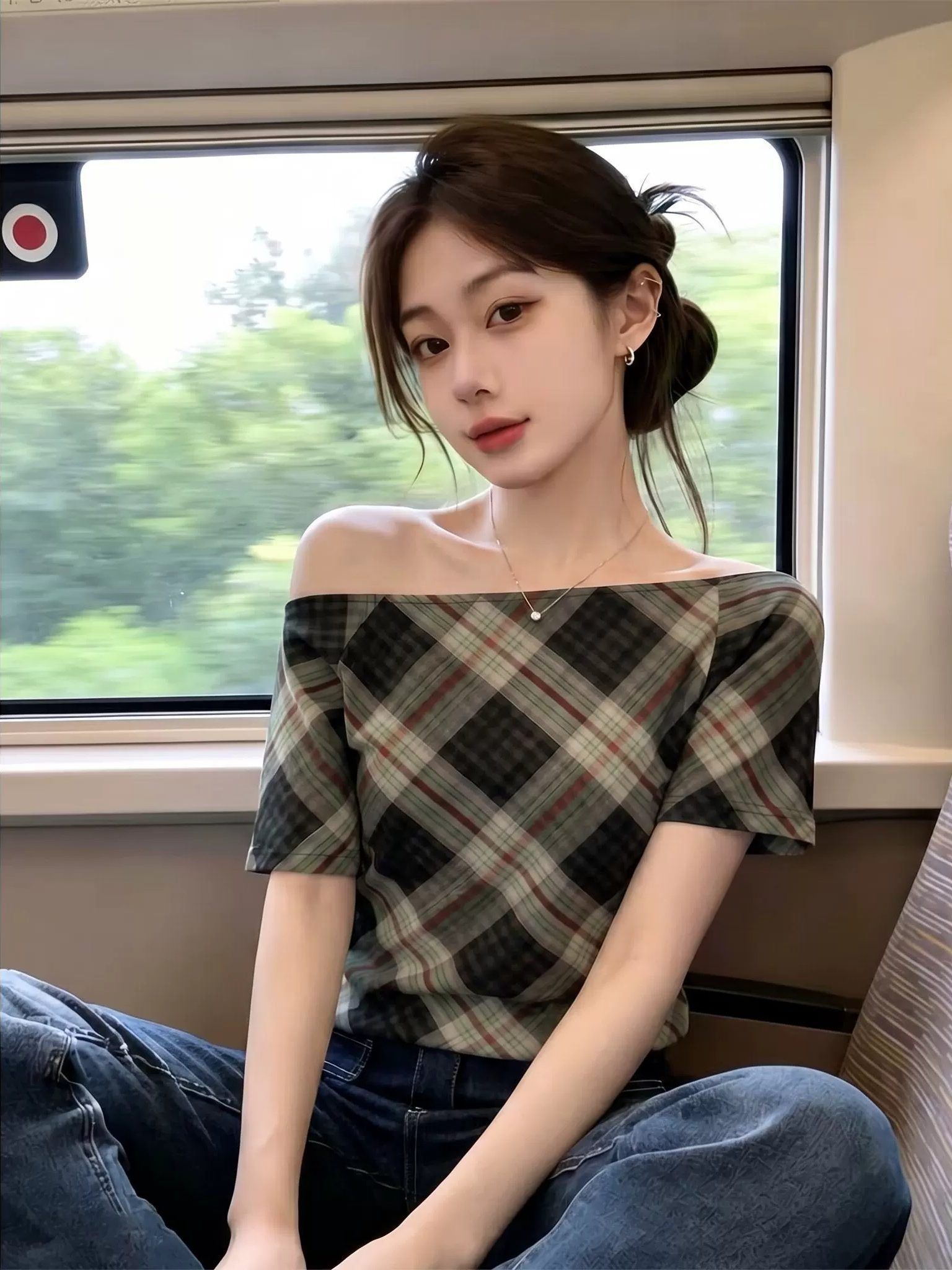 원본 원단 여름 새로운 레트로 체크무늬 오프숄더 맨위 몸매 가꾸기 허리 수축 슬림해 보이는 오프숄더 반팔 티셔츠 여성