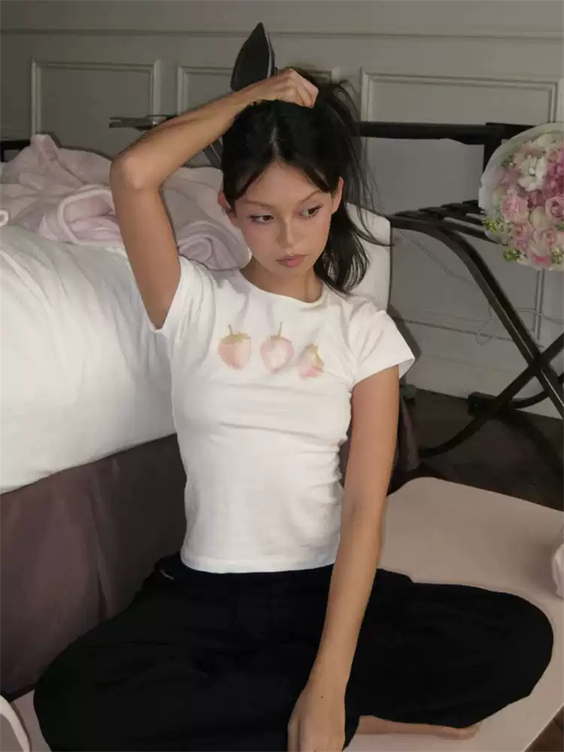 순면 40 220 그램 92 면 8 암모니아 Lun 한국 스타일 새로운 긍정적 인 어깨 반팔 티셔츠 여성 프린트 몸매 가꾸기 핫걸 맨위