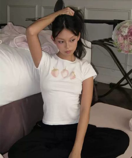 순면 40 220 그램 92 면 8 암모니아 Lun 한국 스타일 새로운 긍정적 인 어깨 반팔 티셔츠 여성 프린트 몸매 가꾸기 핫걸 맨위