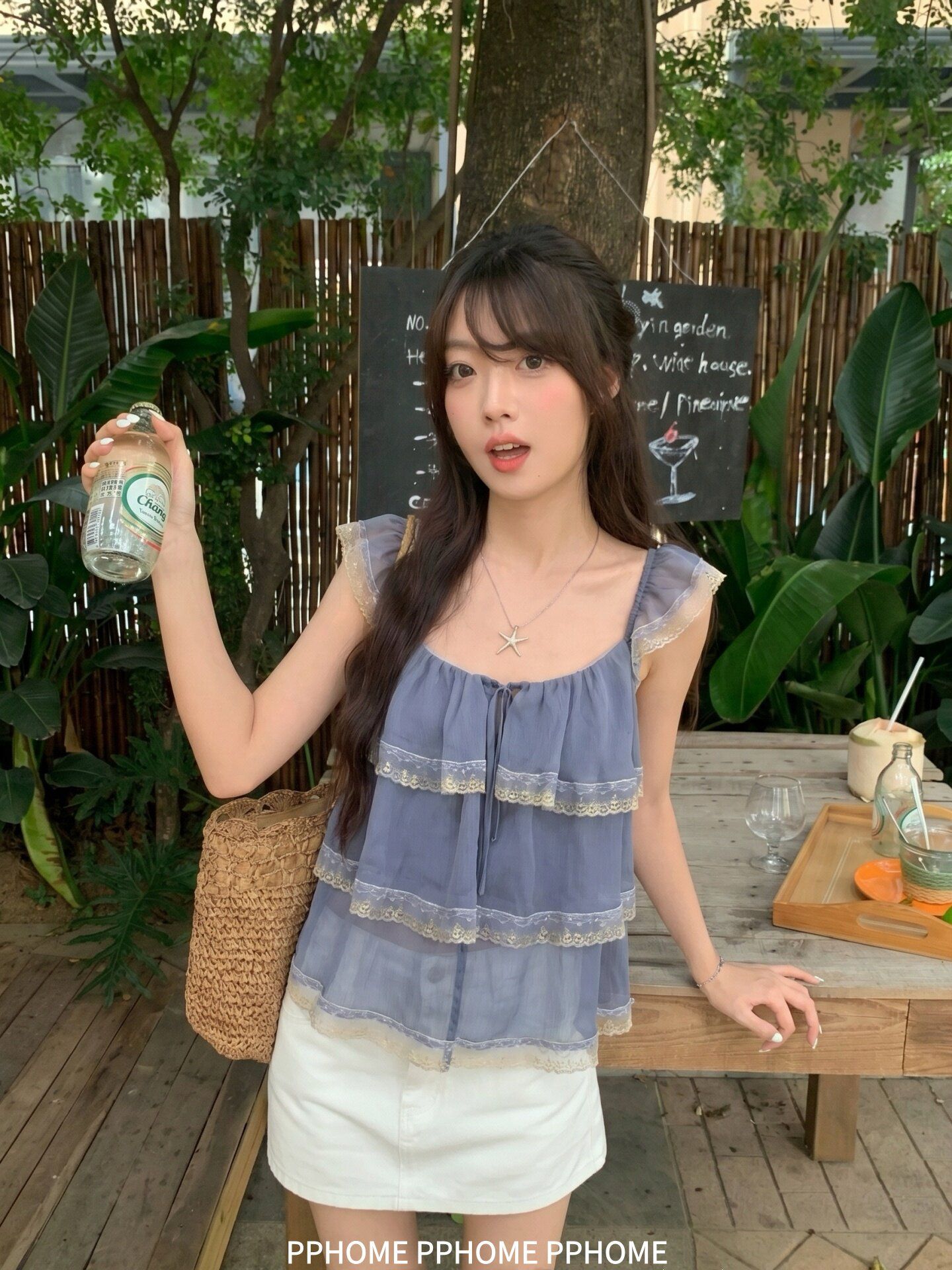한 부서 작은 대중 무거운 작업 세트 염색 레이스 광장 칼라 프릴 작은 날다 소매 맨위 쉬폰 블라우스 반팔 여성 여름 티셔츠