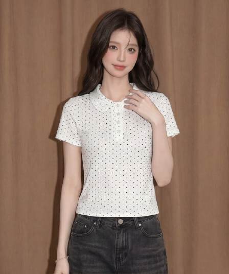 한국 스타일 도트 무늬 POLO 칼라 반팔 맨위 여성 여름 프랑스식 고유 한 아름다운 몸매 가꾸기 긍정적 인 어깨 쇼트 스타일 티셔츠