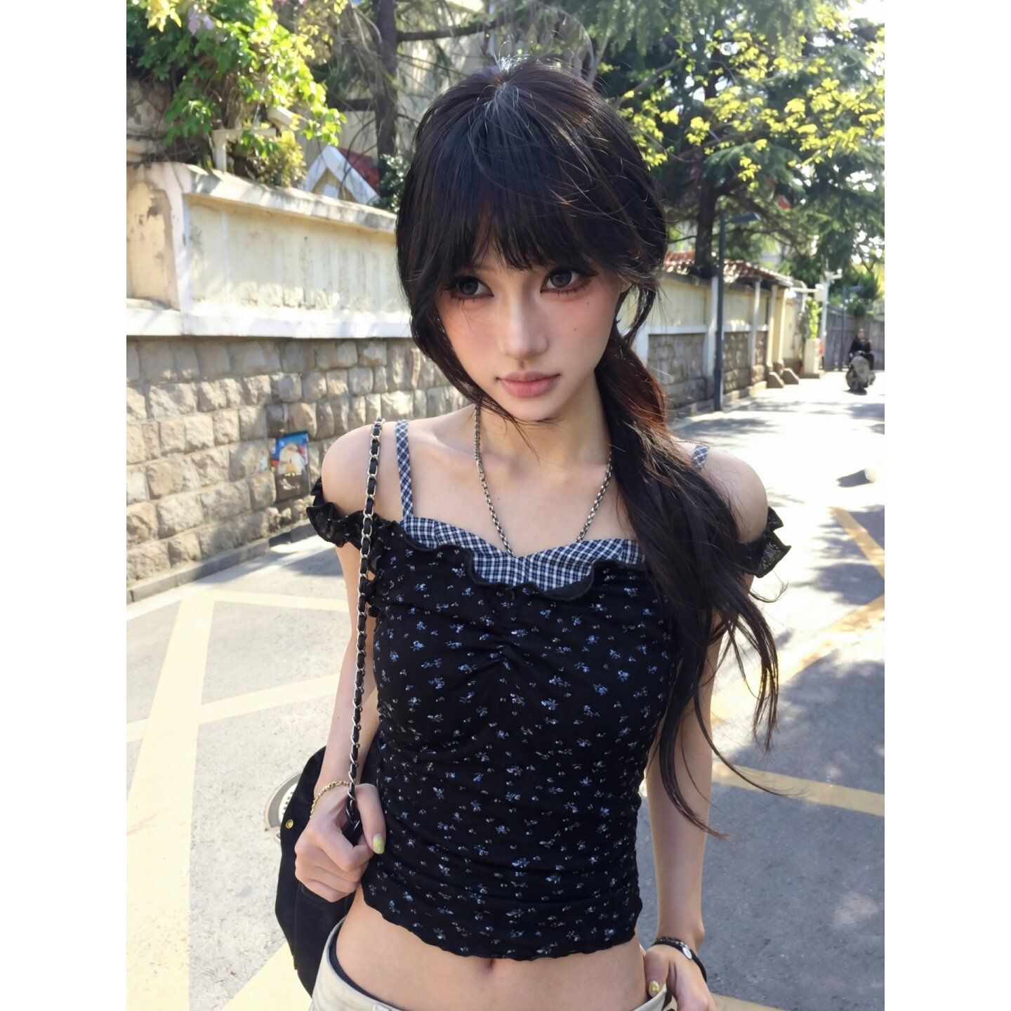 한 부서 꽃무늬 오프숄더 페이크 레이어드 캐미솔 여자 여름 순수한 욕망 핫걸 몸매 가꾸기 쇼트 스타일 오프숄더 맨위