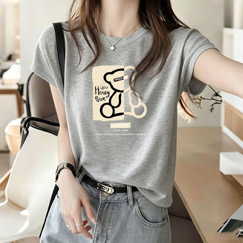 대나무 마디 면 세련된 프린트 반팔 티셔츠 여성 여름 한국 스타일 새로운 차가운 센스 슬림해 보이는 다용도 외국 가스 맨위