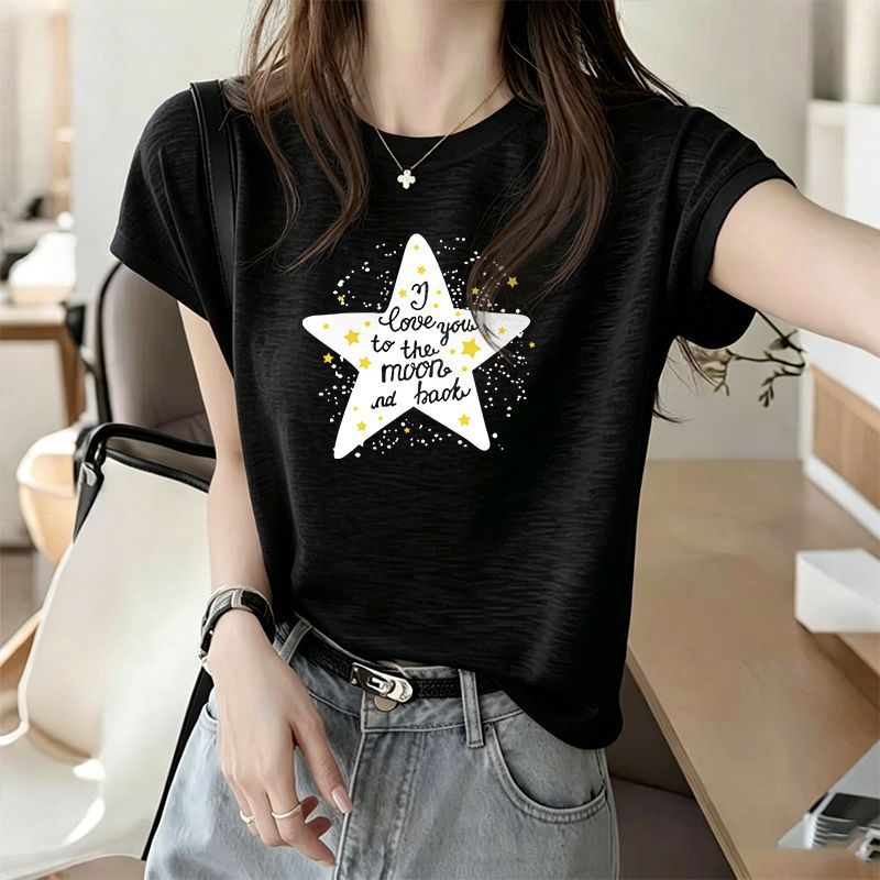 대나무 마디 면 세련된 프린트 반팔 티셔츠 여성 여름 한국 스타일 새로운 차가운 센스 슬림해 보이는 다용도 외국 가스 맨위