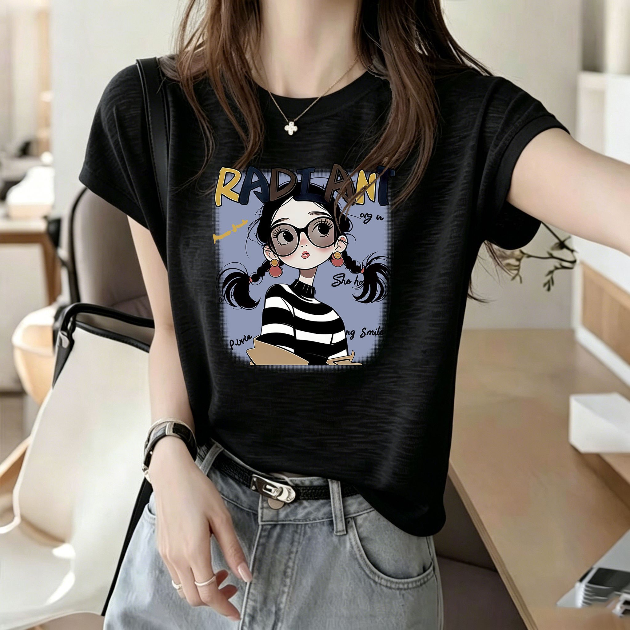 대나무 마디 면 세련된 프린트 반팔 티셔츠 여성 여름 한국 스타일 새로운 차가운 센스 슬림해 보이는 다용도 외국 가스 맨위