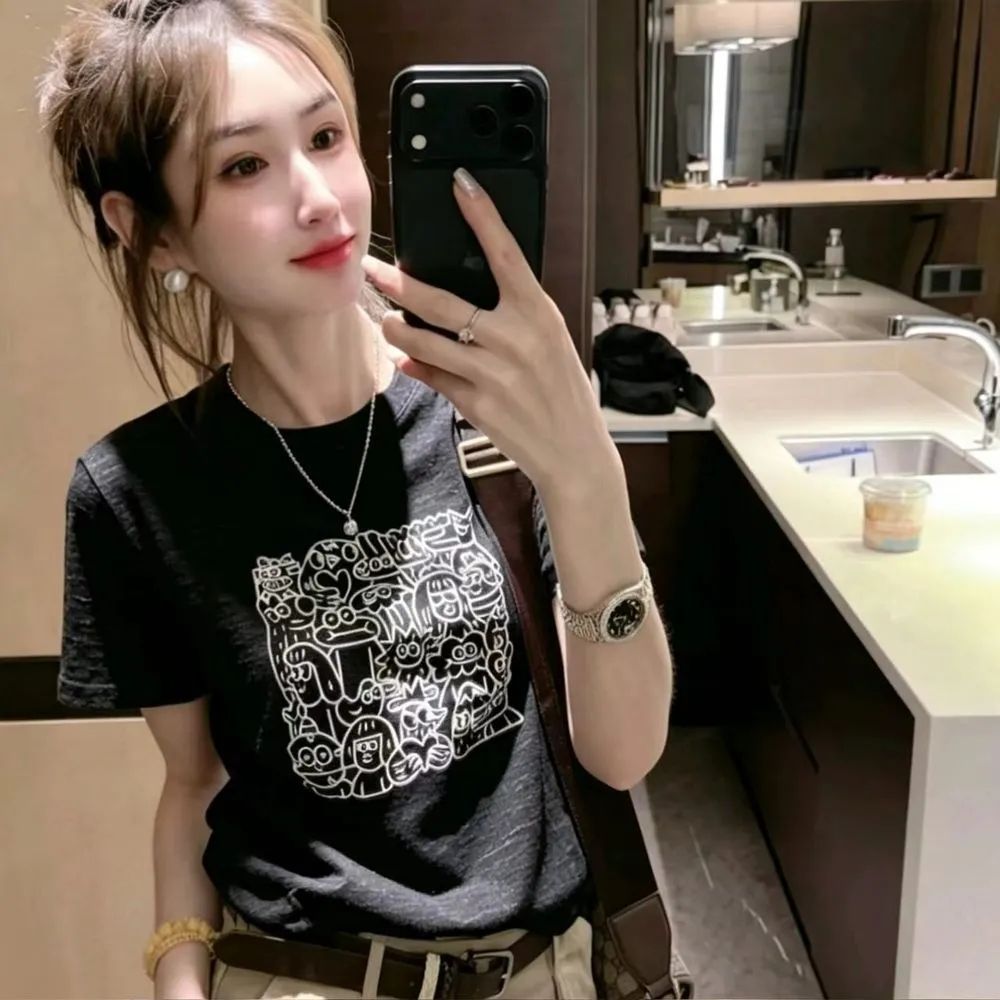 대나무 마디 면 세련된 프린트 반팔 티셔츠 여성 여름 한국 스타일 새로운 차가운 센스 슬림해 보이는 다용도 외국 가스 맨위