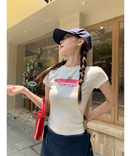 순면 40 220 그램 92 면 8 암모니아 Lun 한국 스타일 새로운 긍정적 인 어깨 반팔 티셔츠 여성 프린트 몸매 가꾸기 핫걸 맨위