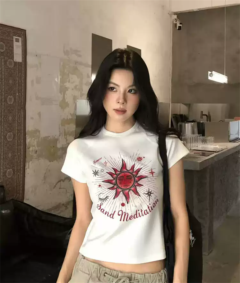 순면 40 220 그램 92 면 8 암모니아 Lun 한국 스타일 새로운 긍정적 인 어깨 반팔 티셔츠 여성 프린트 몸매 가꾸기 핫걸 맨위