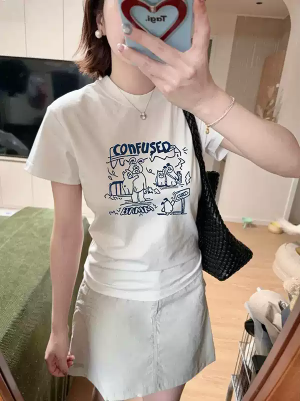 순면 40 220 그램 92 면 8 암모니아 Lun 한국 스타일 새로운 긍정적 인 어깨 반팔 티셔츠 여성 프린트 몸매 가꾸기 핫걸 맨위