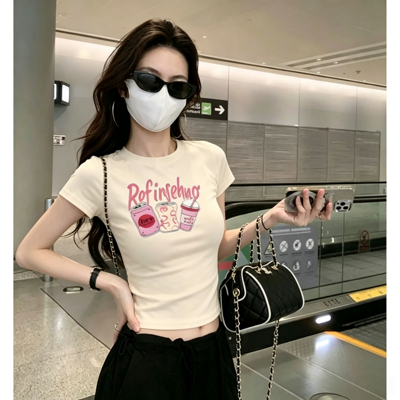 순면 40 220 그램 92 면 8 암모니아 Lun 한국 스타일 새로운 긍정적 인 어깨 반팔 티셔츠 여성 프린트 몸매 가꾸기 핫걸 맨위