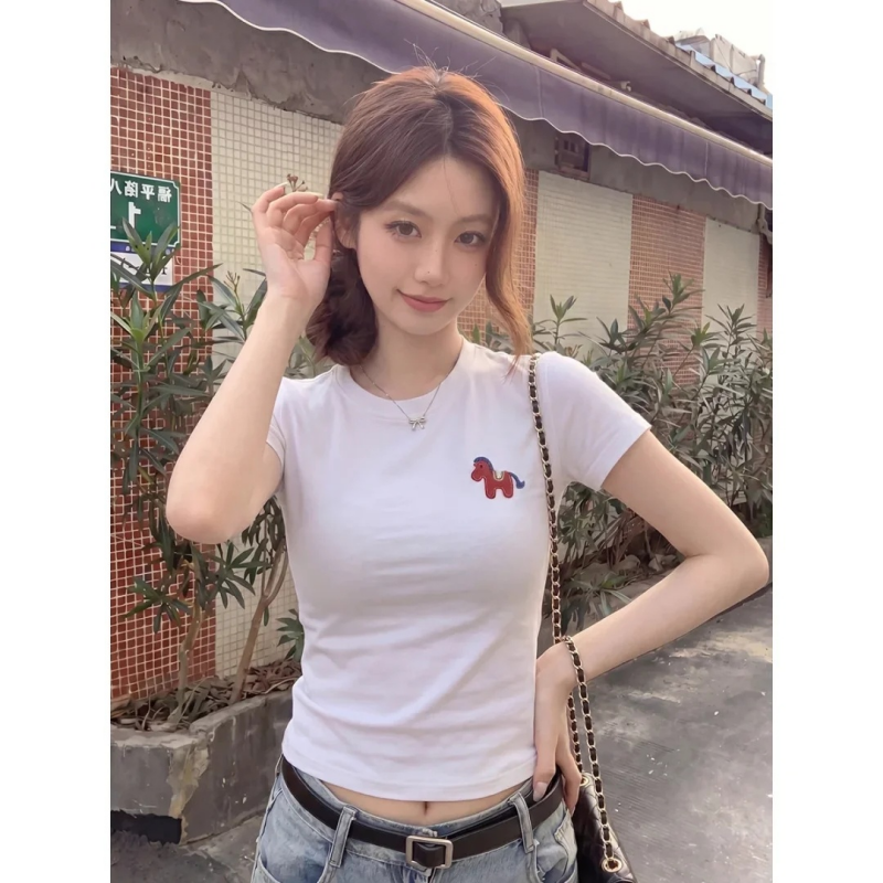 순면 40 220 그램 92 면 8 암모니아 Lun 한국 스타일 새로운 긍정적 인 어깨 반팔 티셔츠 여성 프린트 몸매 가꾸기 핫걸 맨위