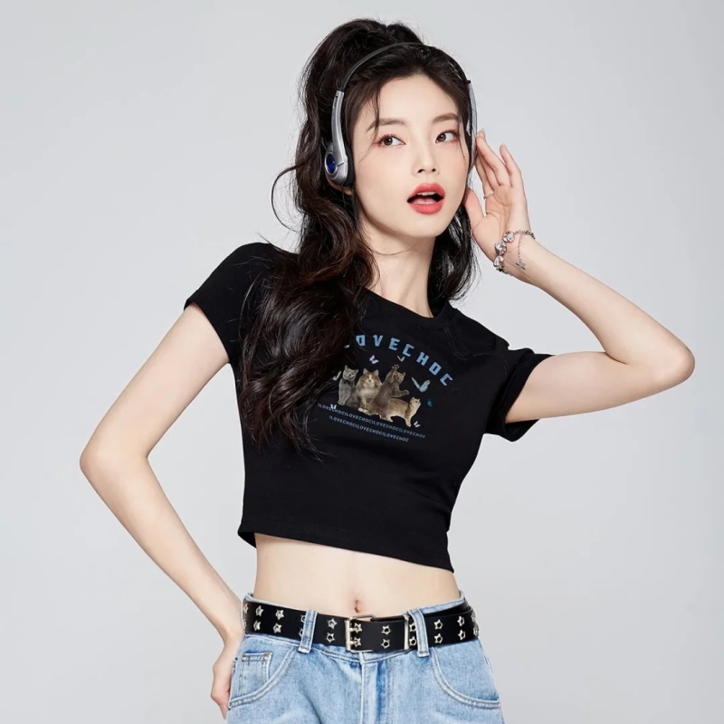 순면 40 220 그램 92 면 8 암모니아 Lun 한국 스타일 새로운 긍정적 인 어깨 반팔 티셔츠 여성 프린트 몸매 가꾸기 핫걸 맨위