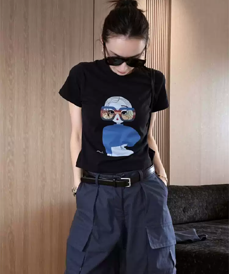 순면 40 220 그램 92 면 8 암모니아 Lun 한국 스타일 새로운 긍정적 인 어깨 반팔 티셔츠 여성 프린트 몸매 가꾸기 핫걸 맨위