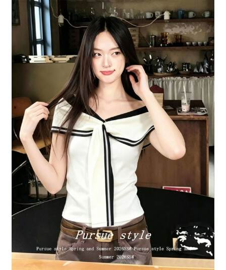 와 사고 방식 해군 칼라 얇은 스타일 여성 여름 디자인 센스 배색 몸매 가꾸기 슬림해 보이는 맨위