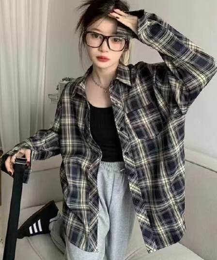 아메리칸 다용도 홍콩 느낌 루즈핏 긴팔 셔츠 재킷 체크무늬 여성 셔츠 봄 레트로 얇은 스타일 태양 보호 셔츠 맨위