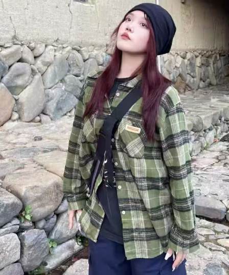 한국 스타일 녹색 체크무늬 학생 셔츠 재킷 루즈핏 2026 봄 가을 레트로 새로운 디자인 긴팔 맨위 셔츠
