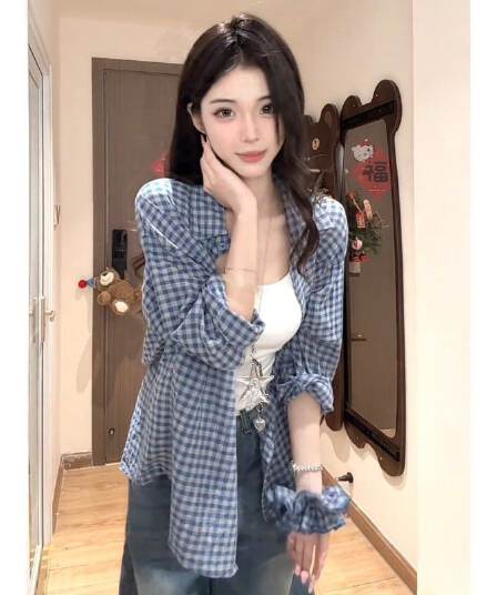 벨트 머리카락 서클 한 부서 품격 긴팔 여성 셔츠 봄 가을 디자인 센스 캐주얼 다용도 슬림해 보이는 체크무늬 재킷