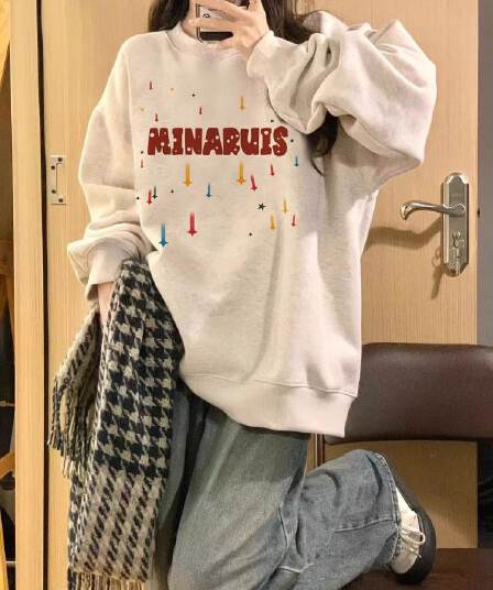 경관 그림 모방 Mianhua 면 복합 얇은 스타일 310g 털이 있는 400g 라운드 넥 후드티 여성 가을 겨울 국경 간 조수 브랜드 맨위