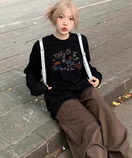 경관 그림 21 순면 210 그램 면 2026 한국 스타일 가을 의상 긴팔 티셔츠 여성 루즈핏 맨위 프린트