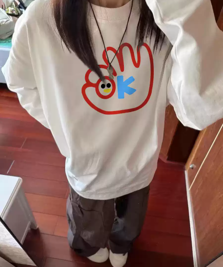 경관 그림 21 순면 210 그램 면 2026 한국 스타일 가을 의상 긴팔 티셔츠 여성 루즈핏 맨위 프린트
