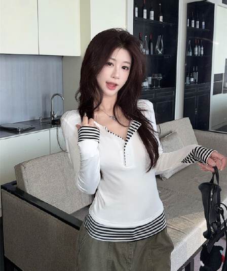 있음 선적 디자인 센스 핫걸 스트라이프 패치워크 티셔츠 여성 의류 가을 패치워크 반 개방 칼라