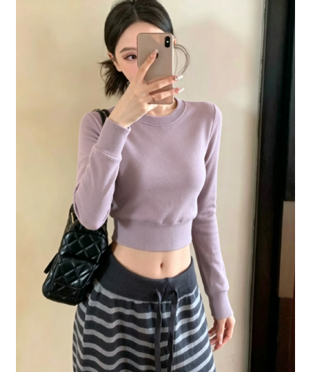 250그램 1 12026 한국 스타일 가을 핫걸 분말 보라색 작은 키 디스플레이 높음 캐주얼 다용도 기본 셔츠 여성 티셔츠