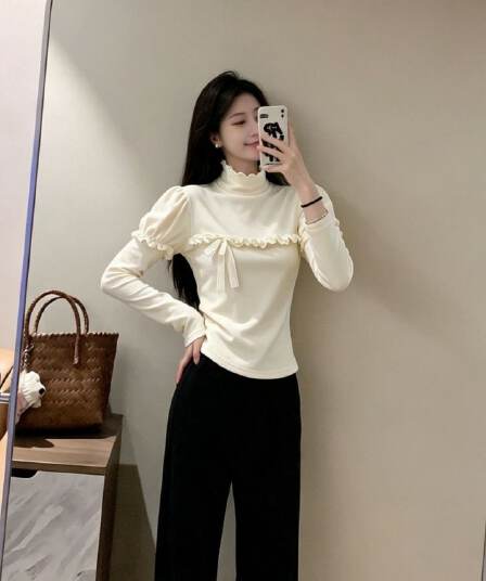 리브 De 플러시 270 그램 2026 가을 한국 스타일 핫걸 레트로 반하이넥 프릴 나비 매듭 긴팔 티셔츠 여성