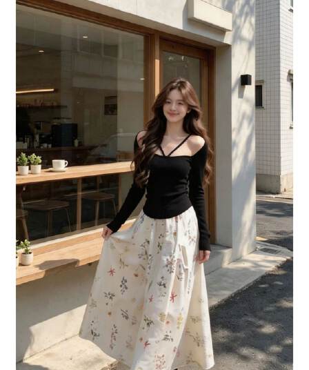 경관 그림 와 사고 방식 모달 260 그램 가을 한국 스타일 순수한 욕망 맨위 검정색 행침 목 오프숄더 긴팔 티셔츠 여성