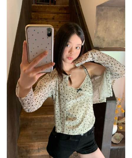 원본 원단 하트 도트 무늬 긴팔 순수한 욕망 홀치기 염색 프린트 식물 플러시 레이스 슬립 반팔 자외선 차단 오픈 가디건