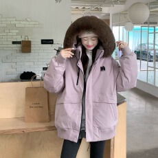 批发外贸<b class='q'>男</b>女同款情侣大毛领派克服刺绣M棉服机车服学生连帽羽绒棉服